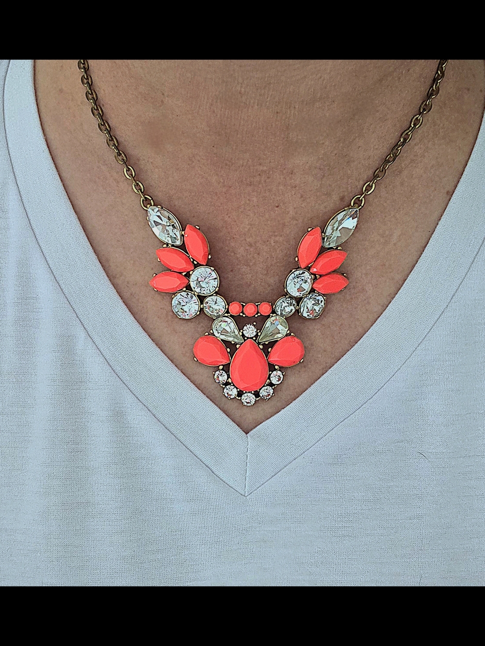 J. Crew Statement Bib Necklace in Neon Coral and Clear Crystal